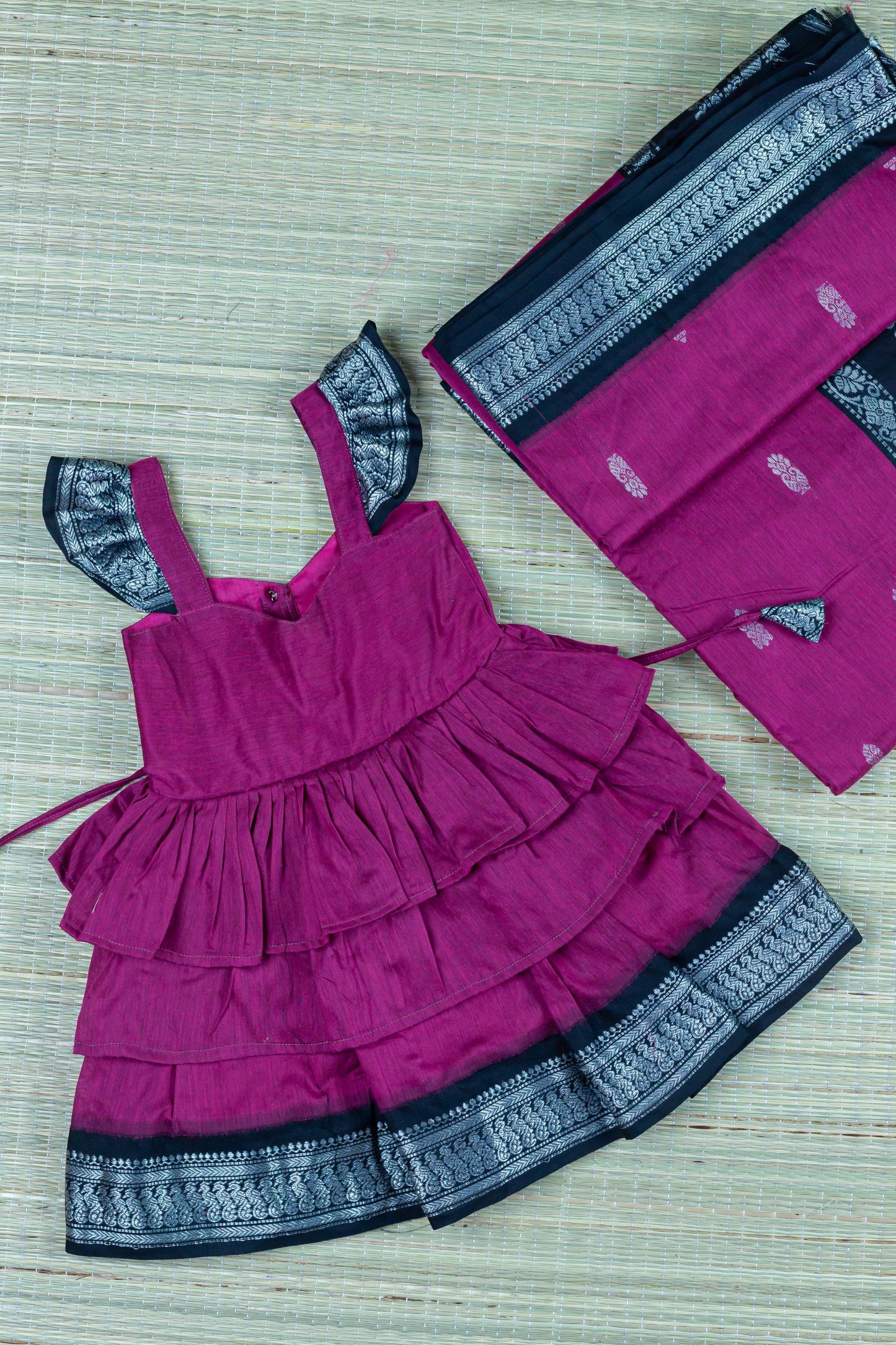 Dark pink and black silver zari border ethnic wear for baby girl