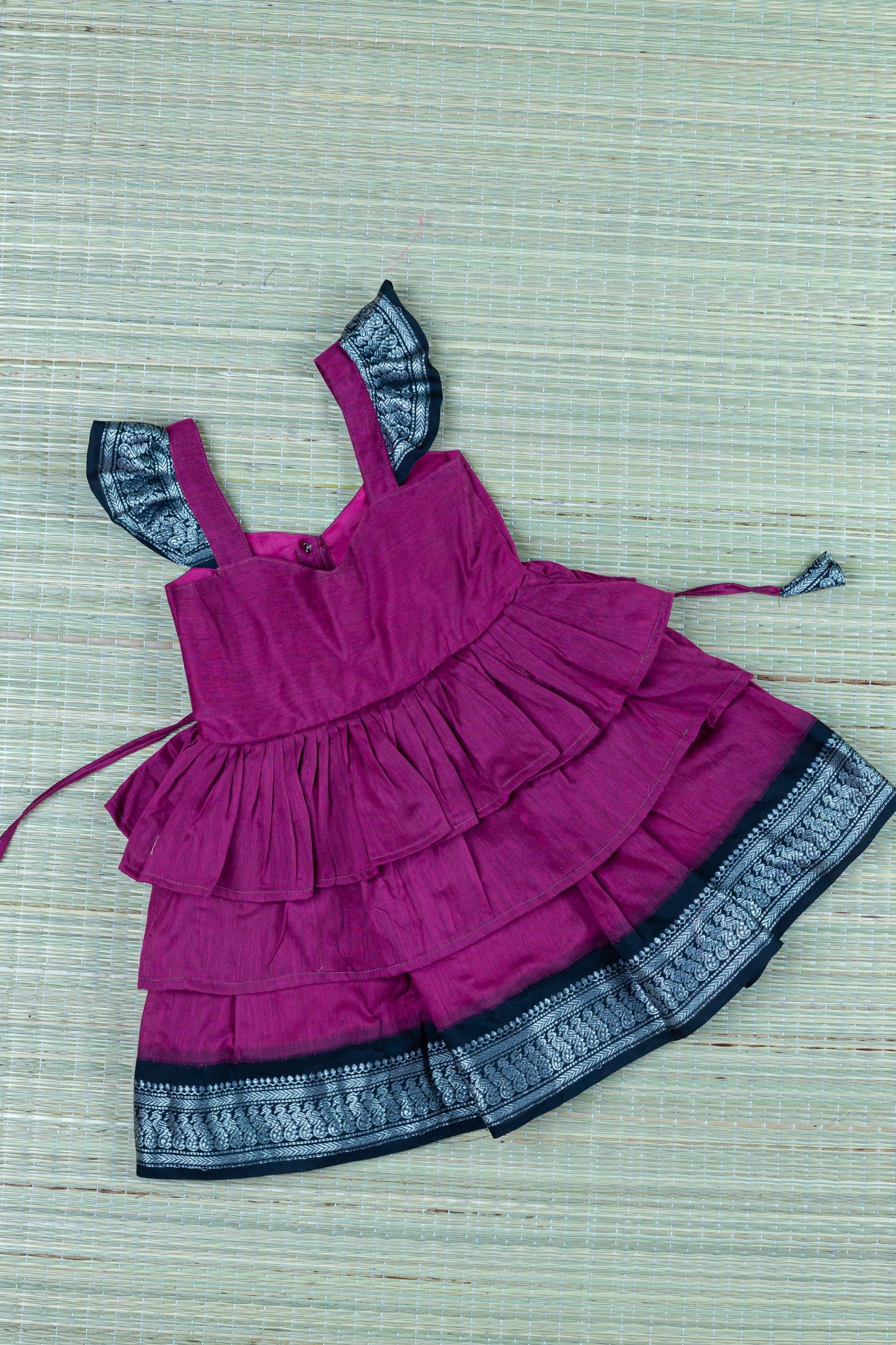 Dark pink and black silver zari border ethnic wear for baby girl