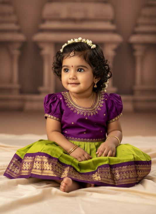 Purplish Wine with Parrot green baby girl traditional ethnic dress