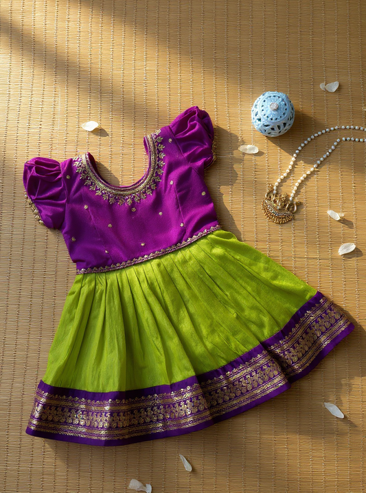 Purplish Wine with Parrot green baby girl traditional ethnic dress