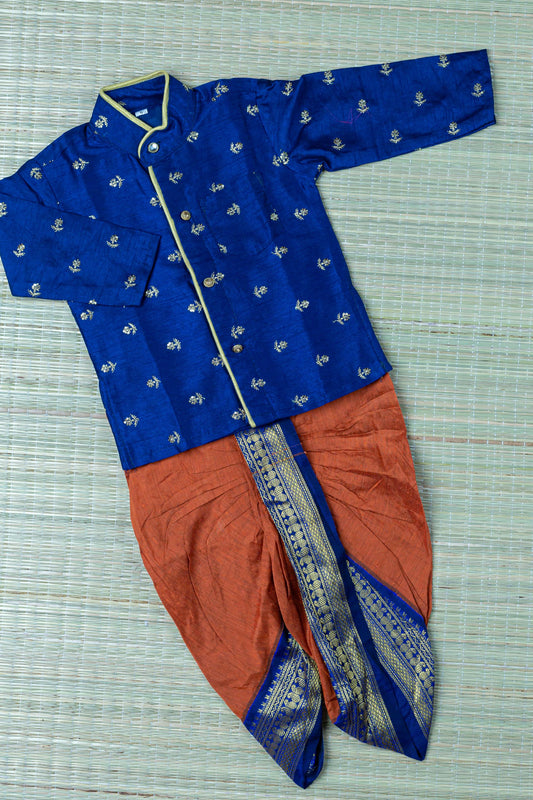 Royal blue and bronzy orange ethnic wear for baby boy