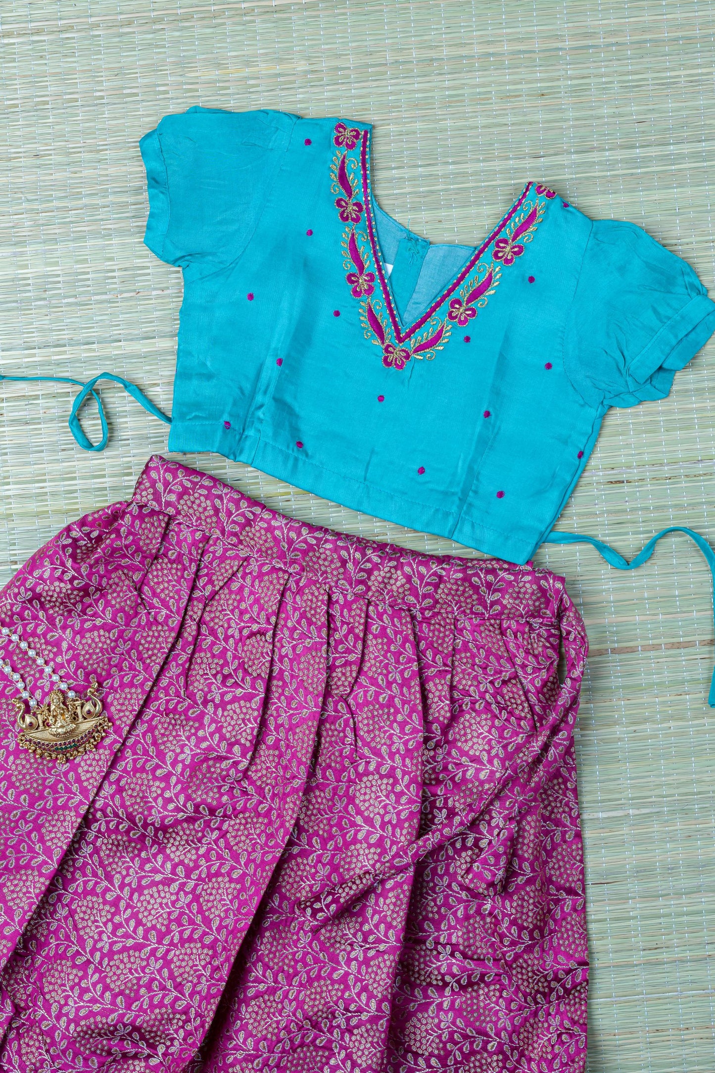 Favorite v neck silk blouse with banarasi langa for baby girl