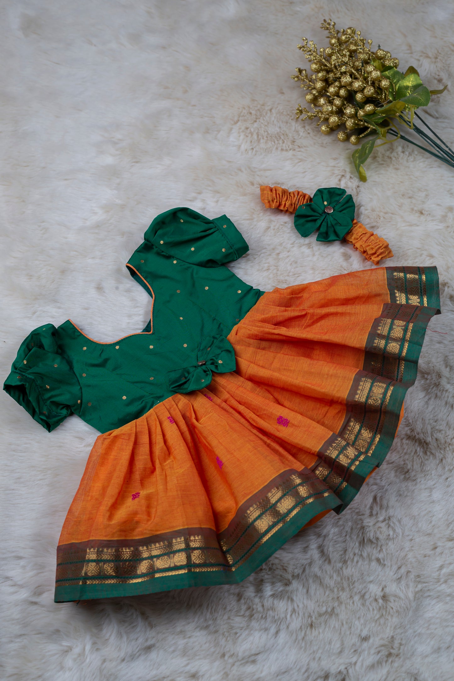 Bottle Green with Saffron Orange (Bow) - Kanchi Cotton South Indian Ethnic Frock for Baby Girl