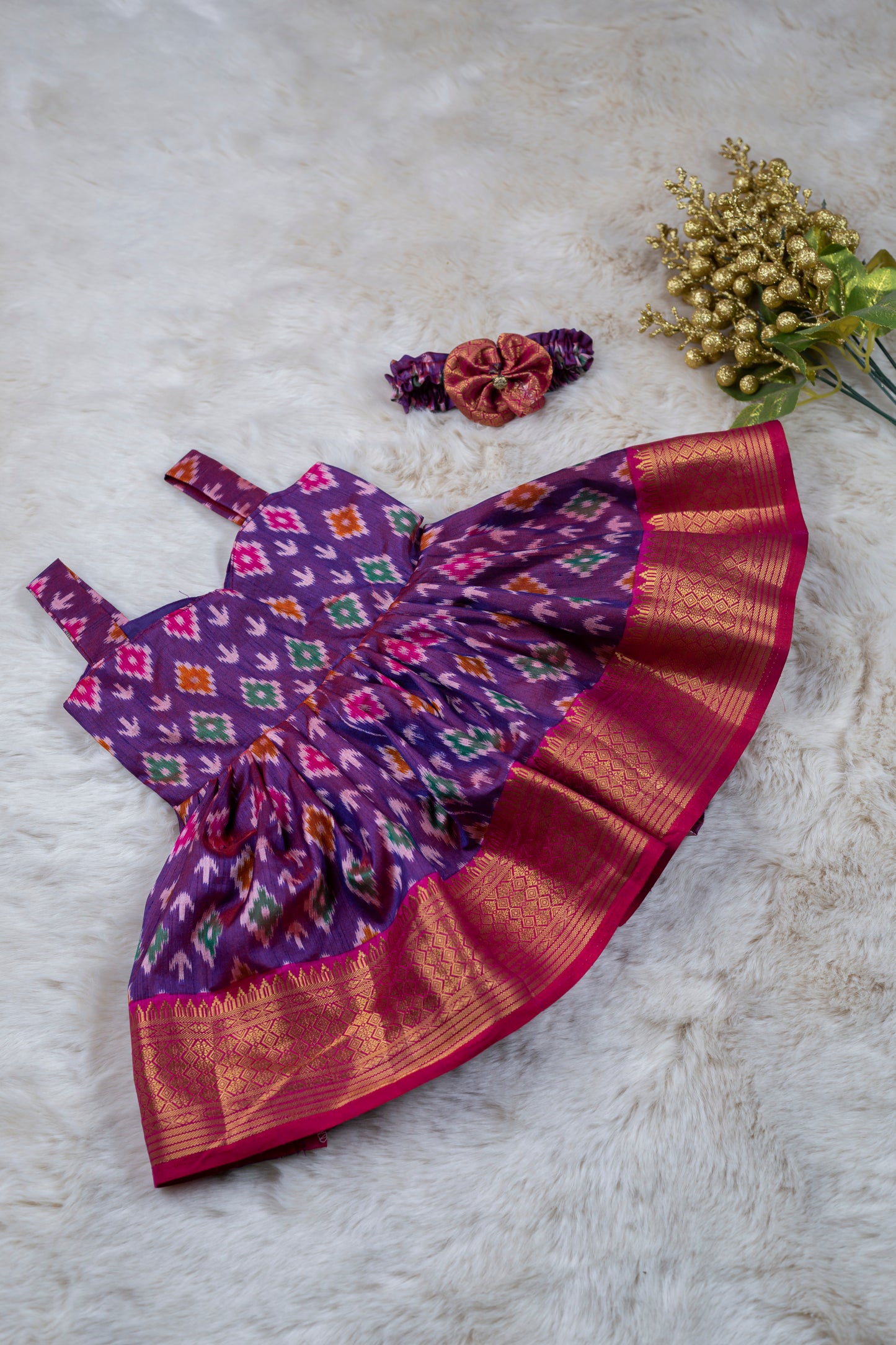 Kora Pochampalli silk sleeveless frock - South Indian Ethnic Frock for Baby Girl