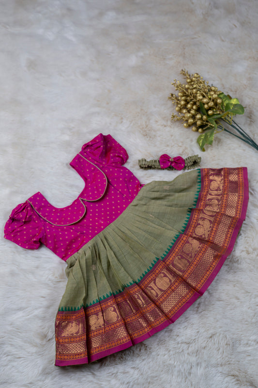 Pink with Saraswati green (Vintage collar) - South Indian Ethnic Frock for Baby Girl