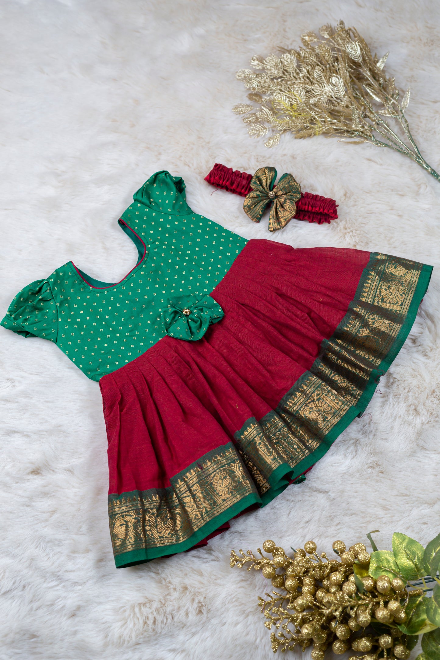 Simple green with red (Vintage bow) - South Indian Ethnic Frock for Baby Girl