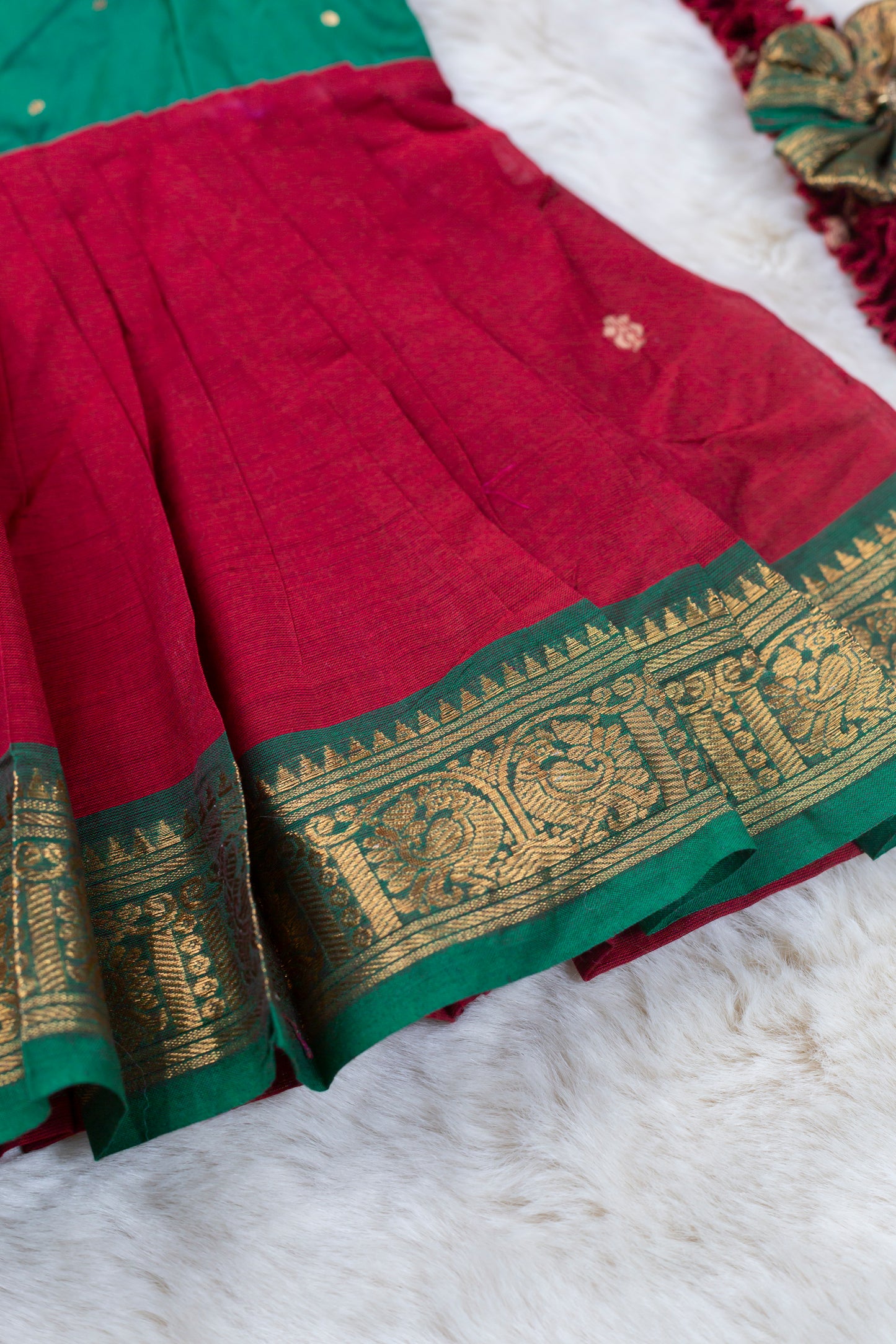 Simple green with red (Vintage bow) - South Indian Ethnic Frock for Baby Girl