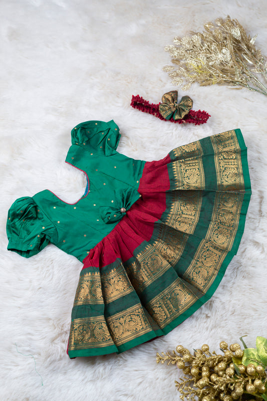 Simple green with red (Vintage Bow) Big Border - South Indian Ethnic Frock for Baby Girl