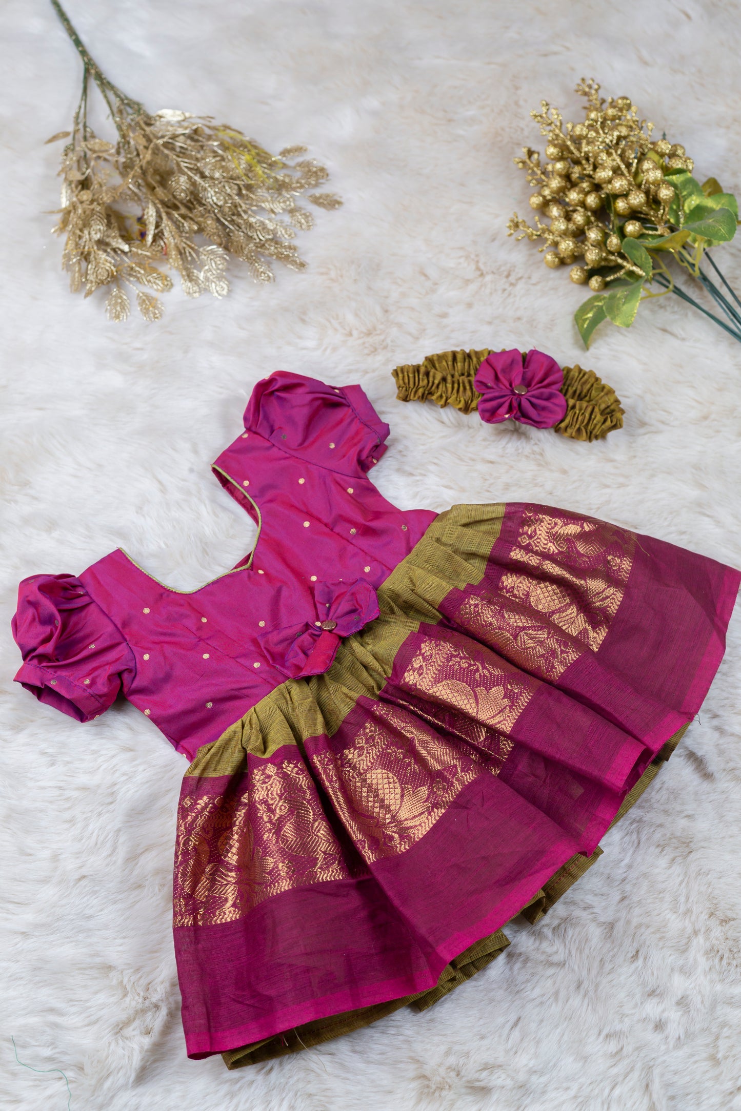 Simple pink and algae green (Vintage Bow) - South Indian Ethnic Frock for Baby Girl