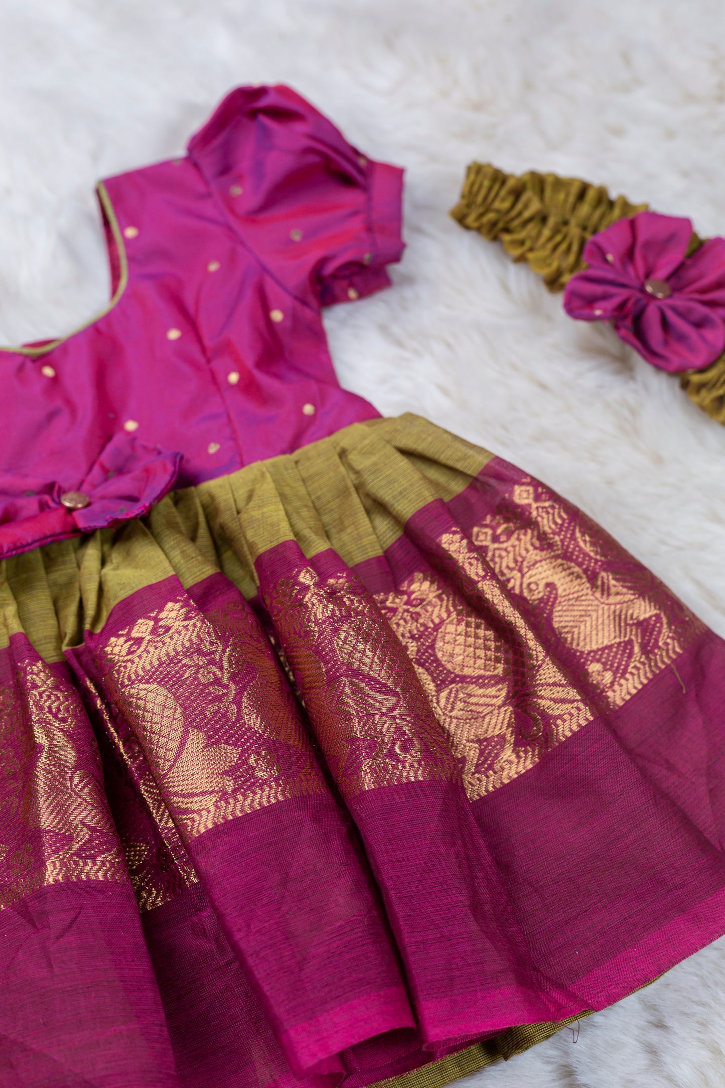 Simple pink and algae green (Vintage Bow) - South Indian Ethnic Frock for Baby Girl