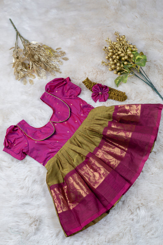 Simple pink and algae green (Vintage Collar) - South Indian Ethnic Frock for Baby Girl