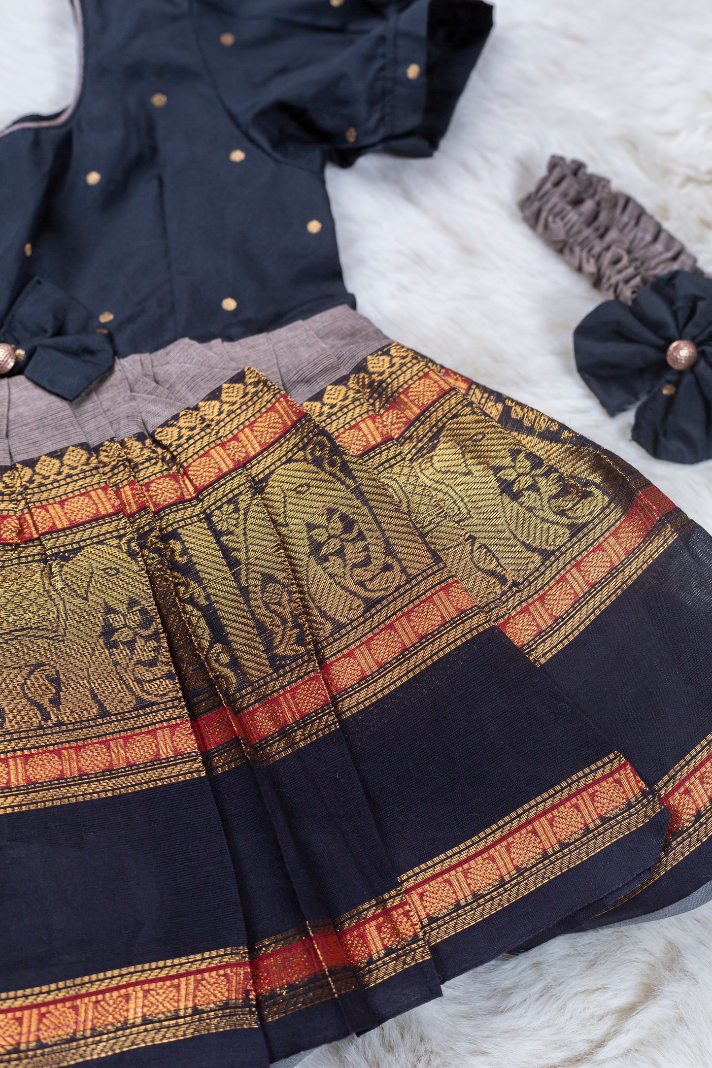 Dristi Black and grey (Vintage Bow) - South Indian Ethnic Frock for Baby Girl