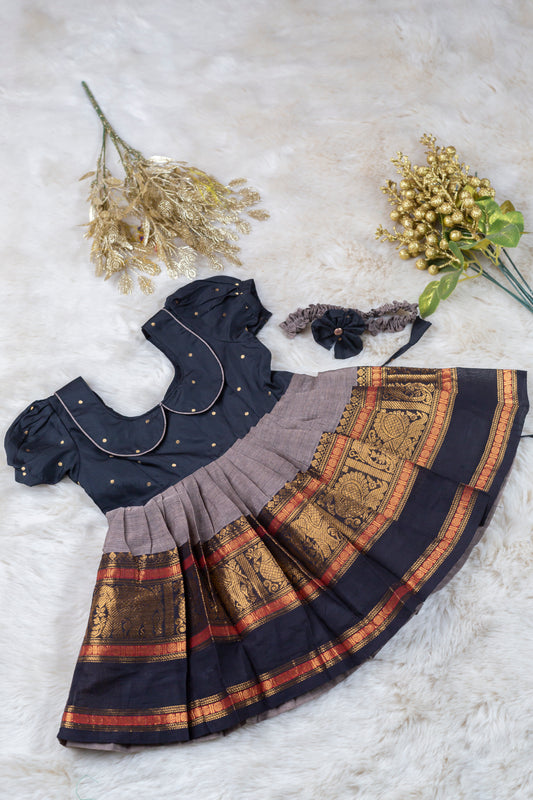 Dristi Black and grey (Vintage Collar) - South Indian Ethnic Frock for Baby Girl