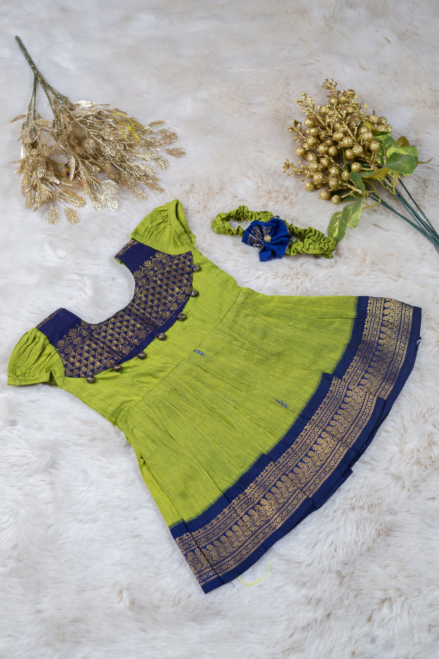 Green and navy blue - Cotton Silk South Indian Ethnic Frock for Baby Girl