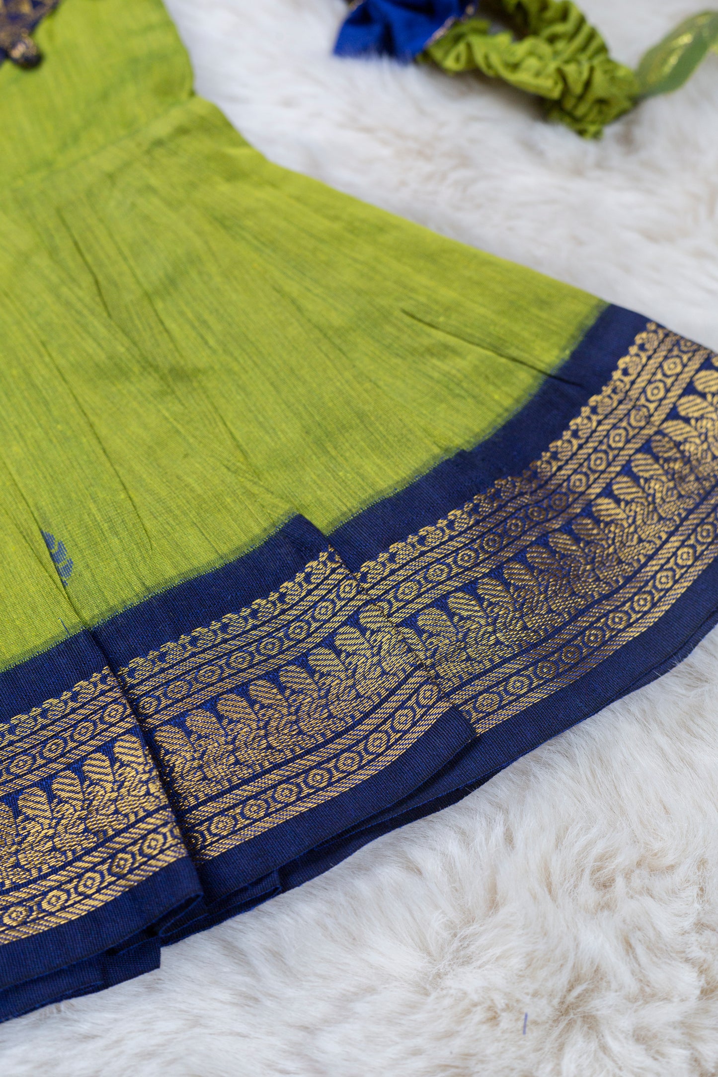 Green and navy blue - Cotton Silk South Indian Ethnic Frock for Baby Girl