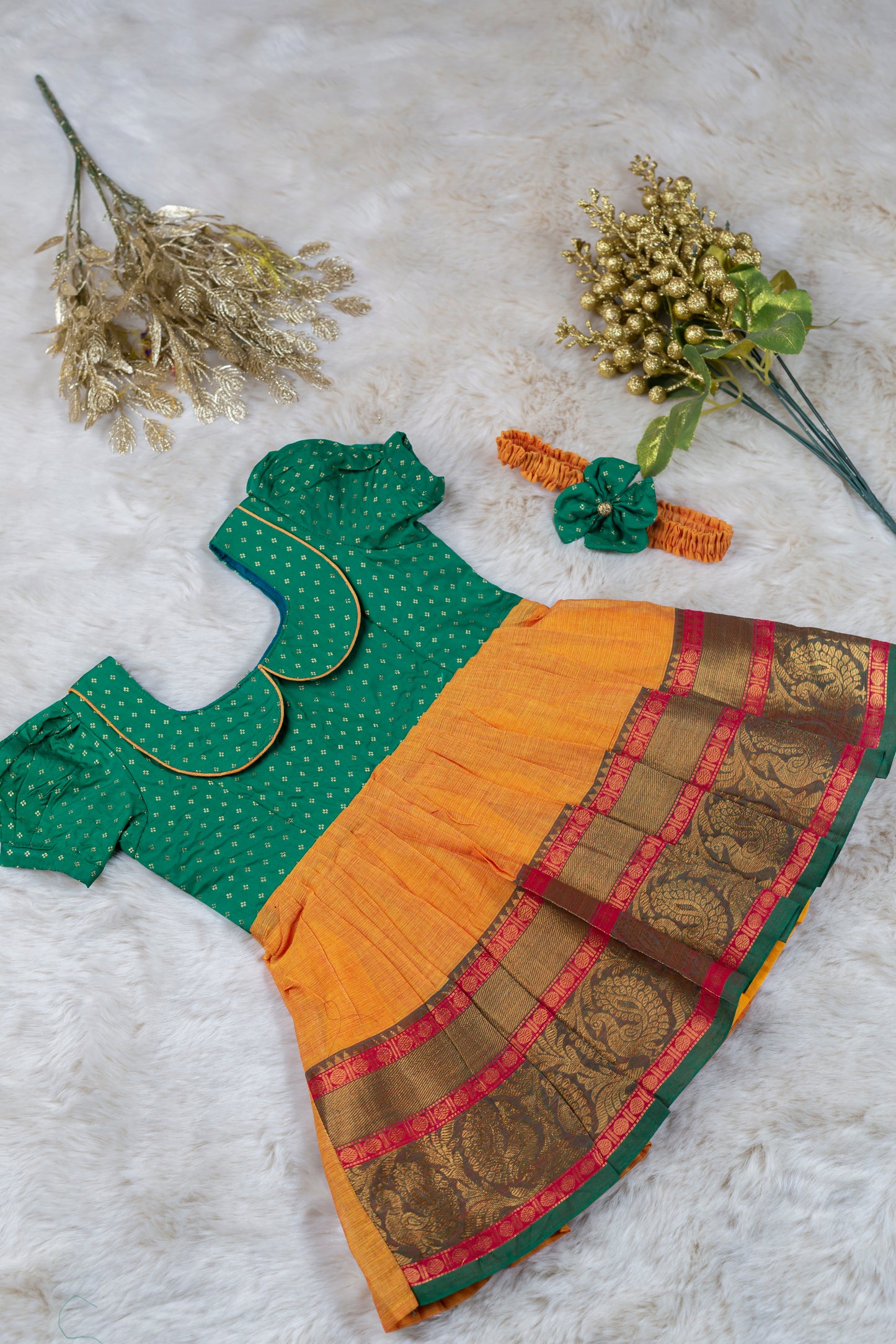 Green and Turmeric Yellow (Vintage Collar) - Cotton Silk South Indian Ethnic Frock for Baby Girl