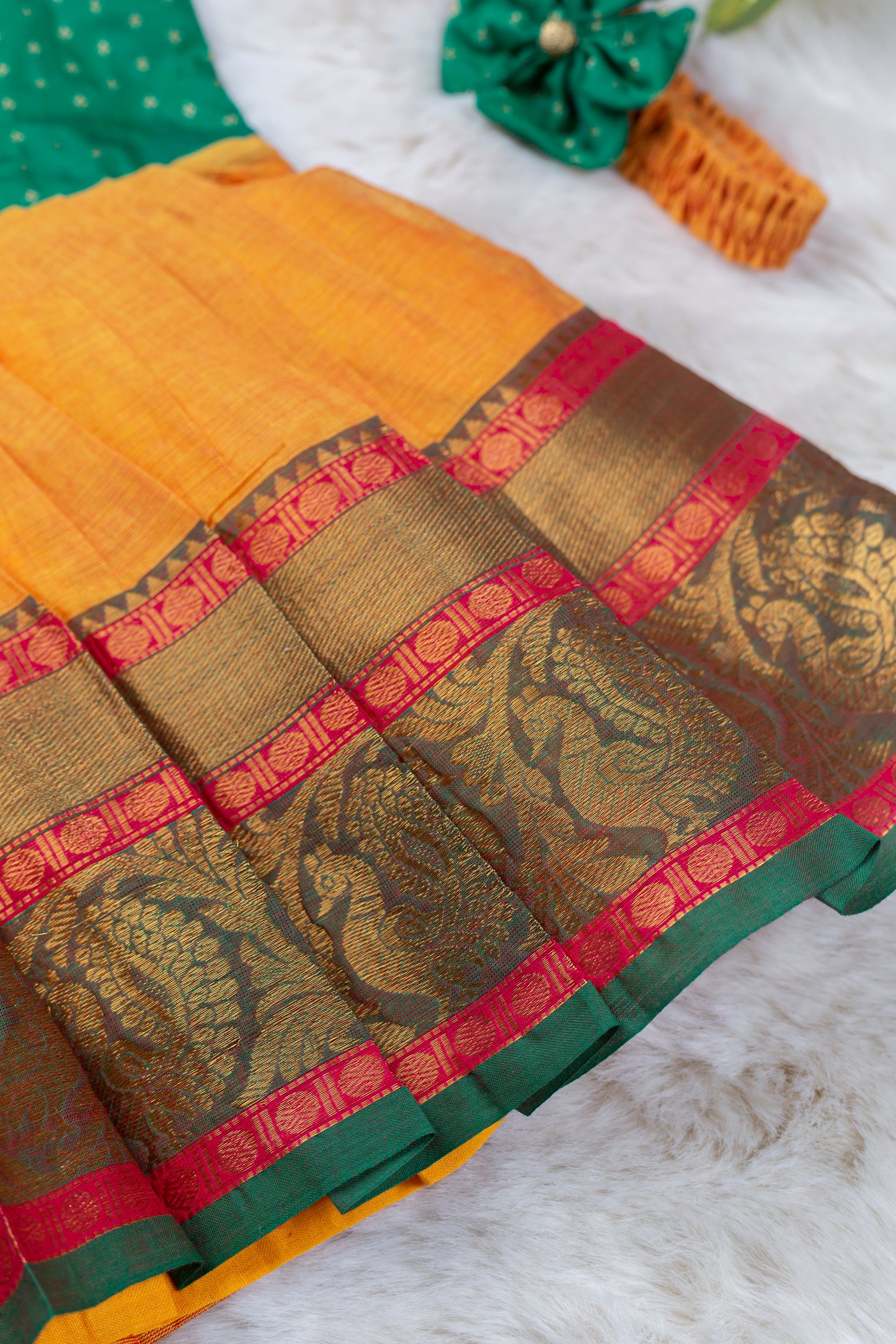 Green and Turmeric Yellow (Vintage Collar) - Cotton Silk South Indian Ethnic Frock for Baby Girl