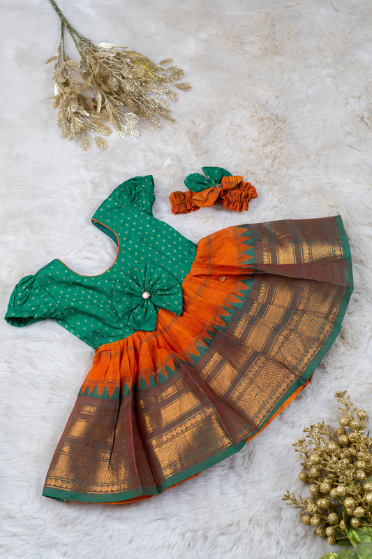 Green and Saffron (Vintage Bow) - Cotton Silk South Indian Ethnic Frock for Baby Girl