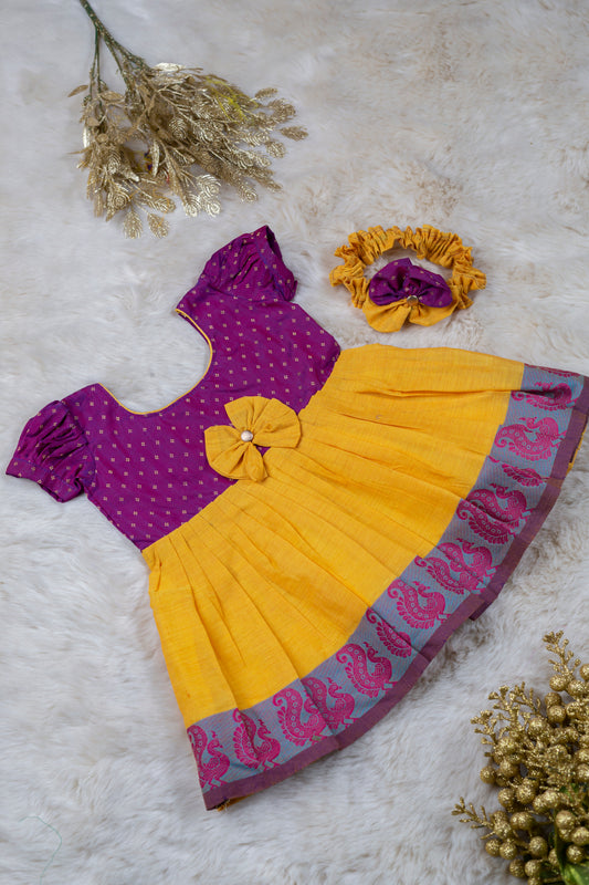 Pink and Yellow (Vintage Bow) - Cotton Silk South Indian Ethnic Frock for Baby Girl