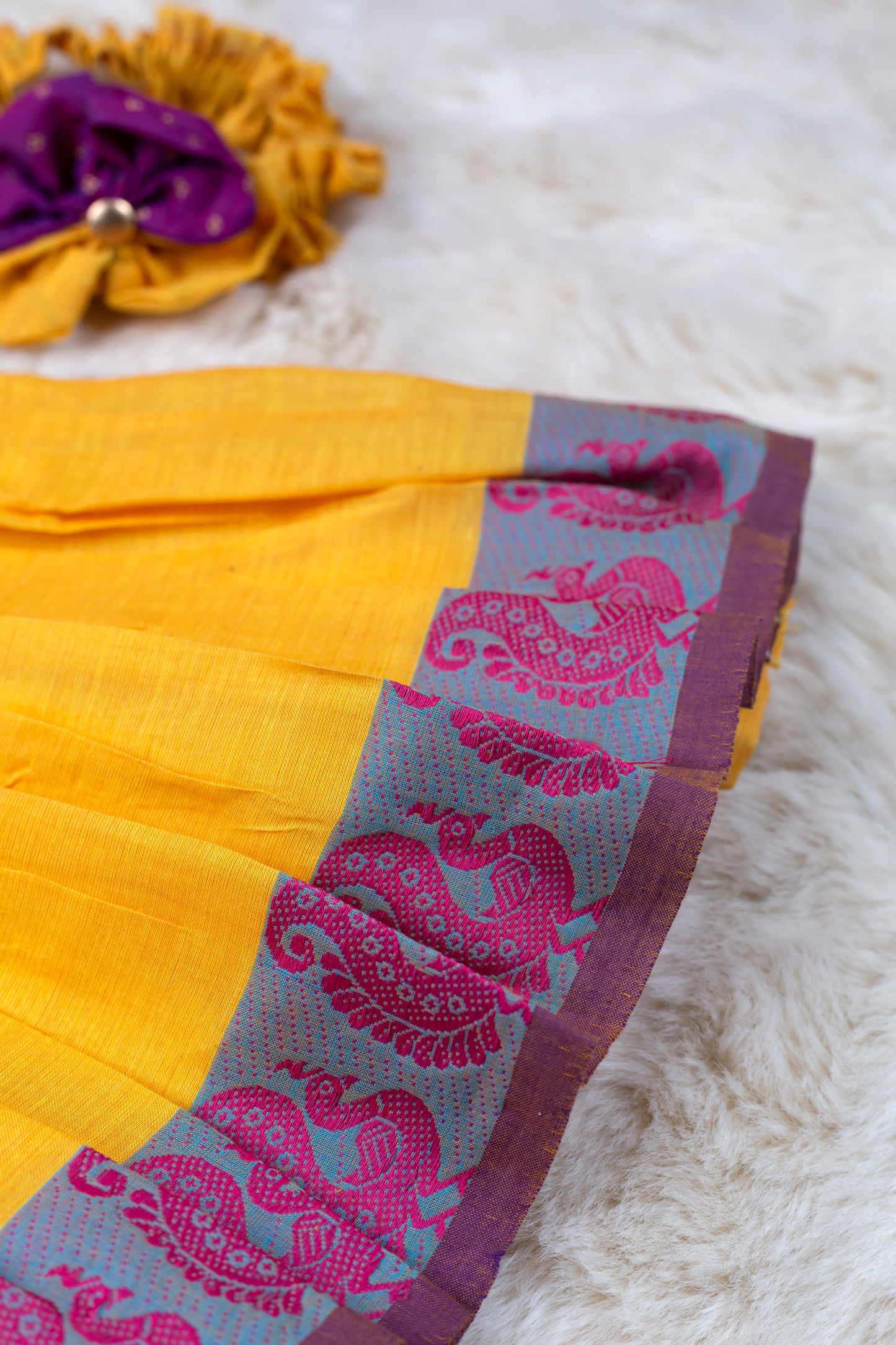 Pink and Yellow (Vintage Bow) - Cotton Silk South Indian Ethnic Frock for Baby Girl