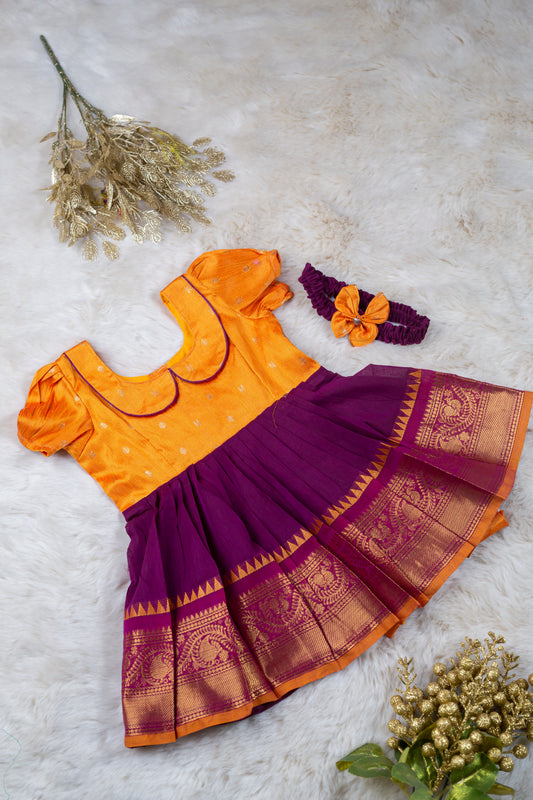 Mango Yellow and Wine'ish Pink (Vintage Collar) - Cotton Silk South Indian Ethnic Frock for Baby Girl