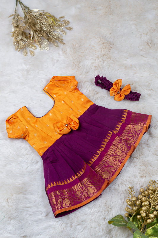 Mango Yellow and Wine'ish Pink (Vintage Bow) - Cotton Silk South Indian Ethnic Frock for Baby Girl