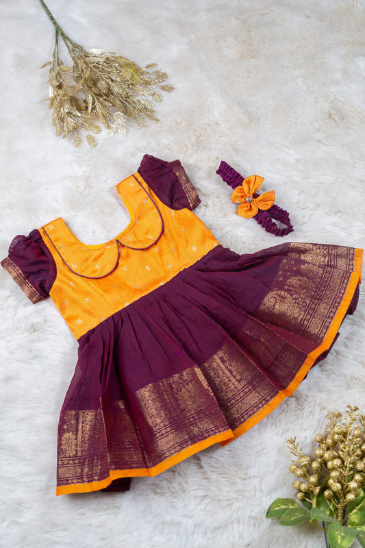 Mango Yellow with wine (Vintage Collar) - Cotton Silk South Indian Ethnic Frock for Baby Girl