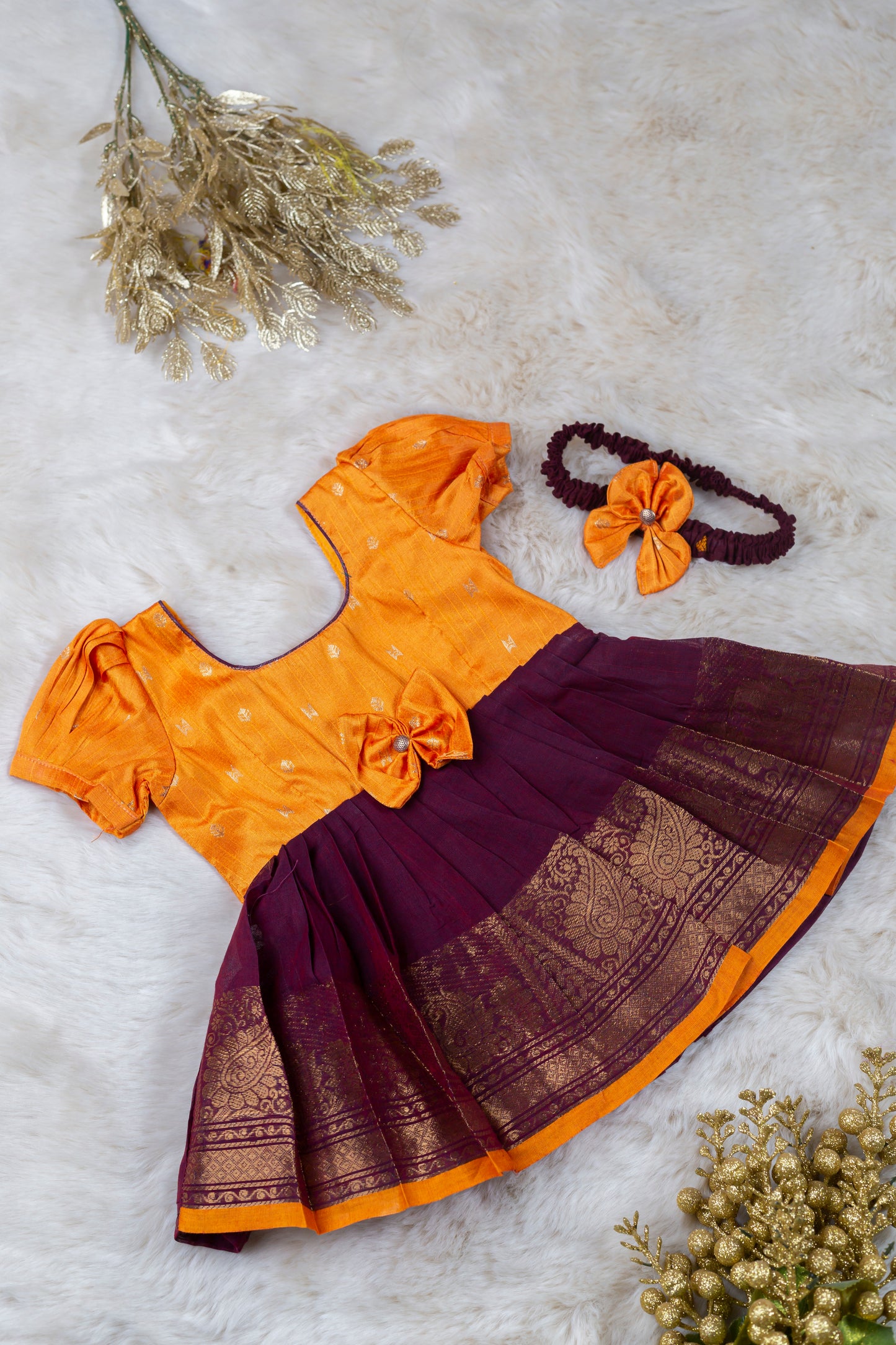 Mango Yellow with wine (Vintage Bow) - Cotton Silk South Indian Ethnic Frock for Baby Girl