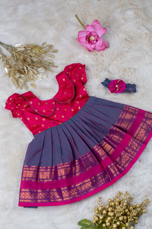 Dual Shade Blue and Rich Pink (Vintage Collar) - Cotton Silk South Indian Ethnic Frock for Baby Girl