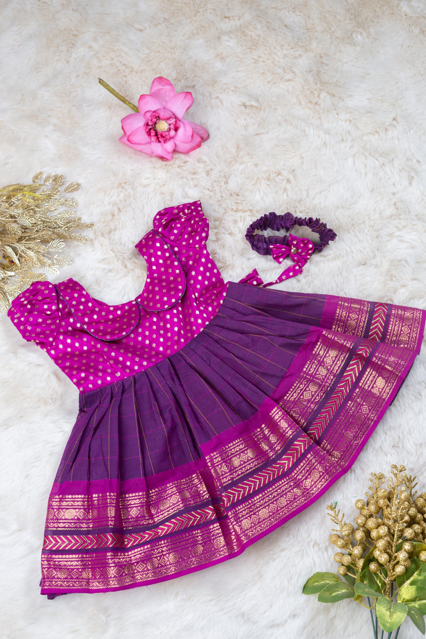 Pink and Checked Wine (Vintage Collar) - Cotton Silk South Indian Ethnic Frock for Baby Girl