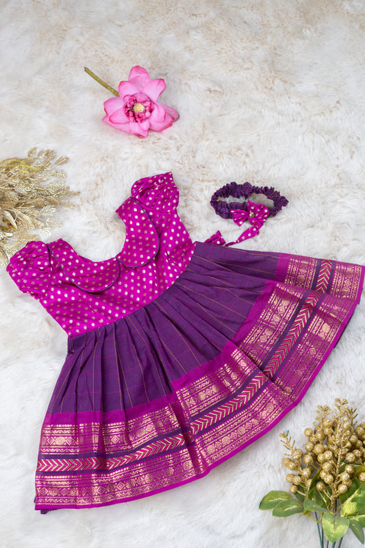 Pink and Checked Wine (Vintage Collar) - Cotton Silk South Indian Ethnic Frock for Baby Girl