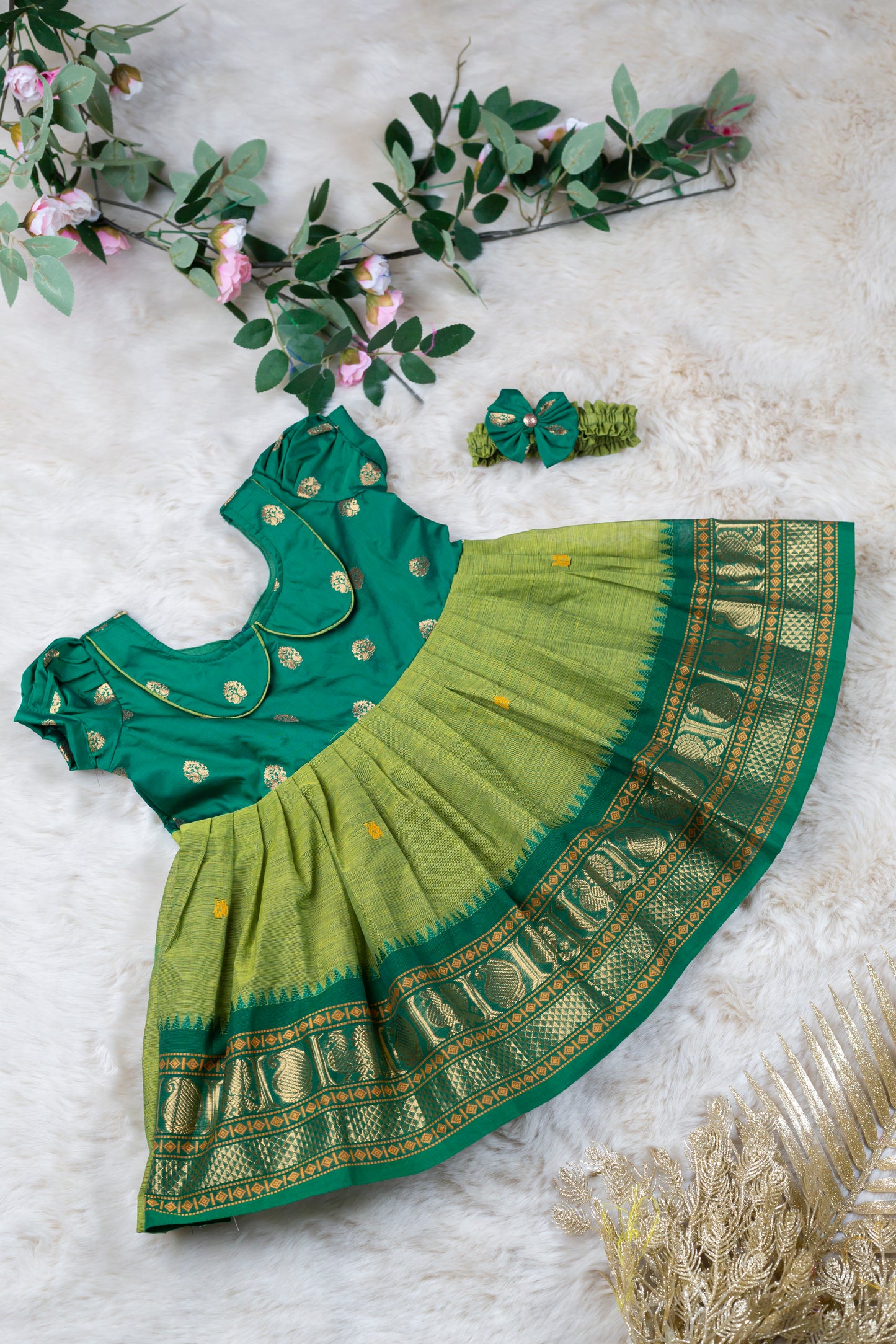 Bottle Green with Nature Green (Vintage Collar) - Kanchi Cotton Silk South Indian Ethnic Frock for Baby Girl