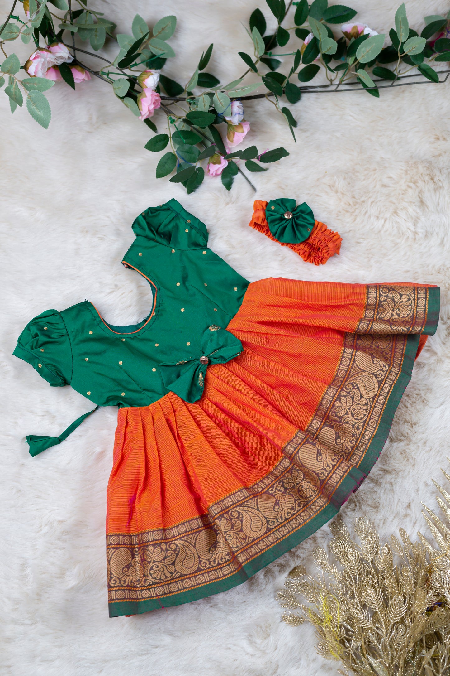 Green and orange (Vintage Bow) - Kanchi Cotton Silk South Indian Ethnic Frock for Baby Girl