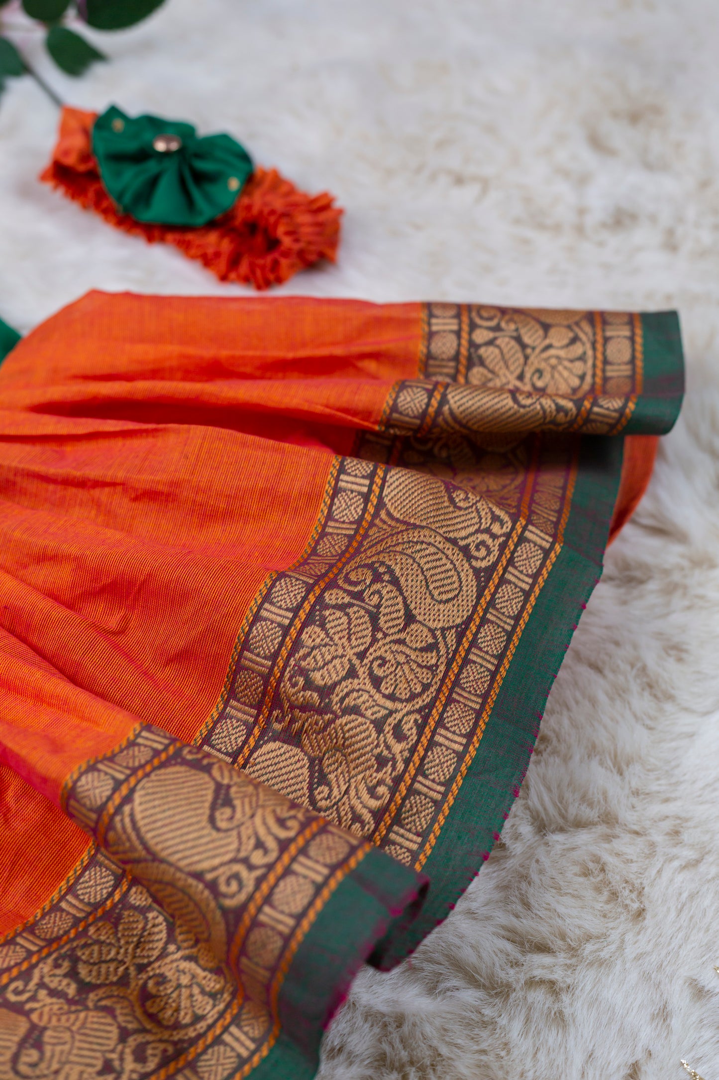 Green and orange (Vintage Bow) - Kanchi Cotton Silk South Indian Ethnic Frock for Baby Girl