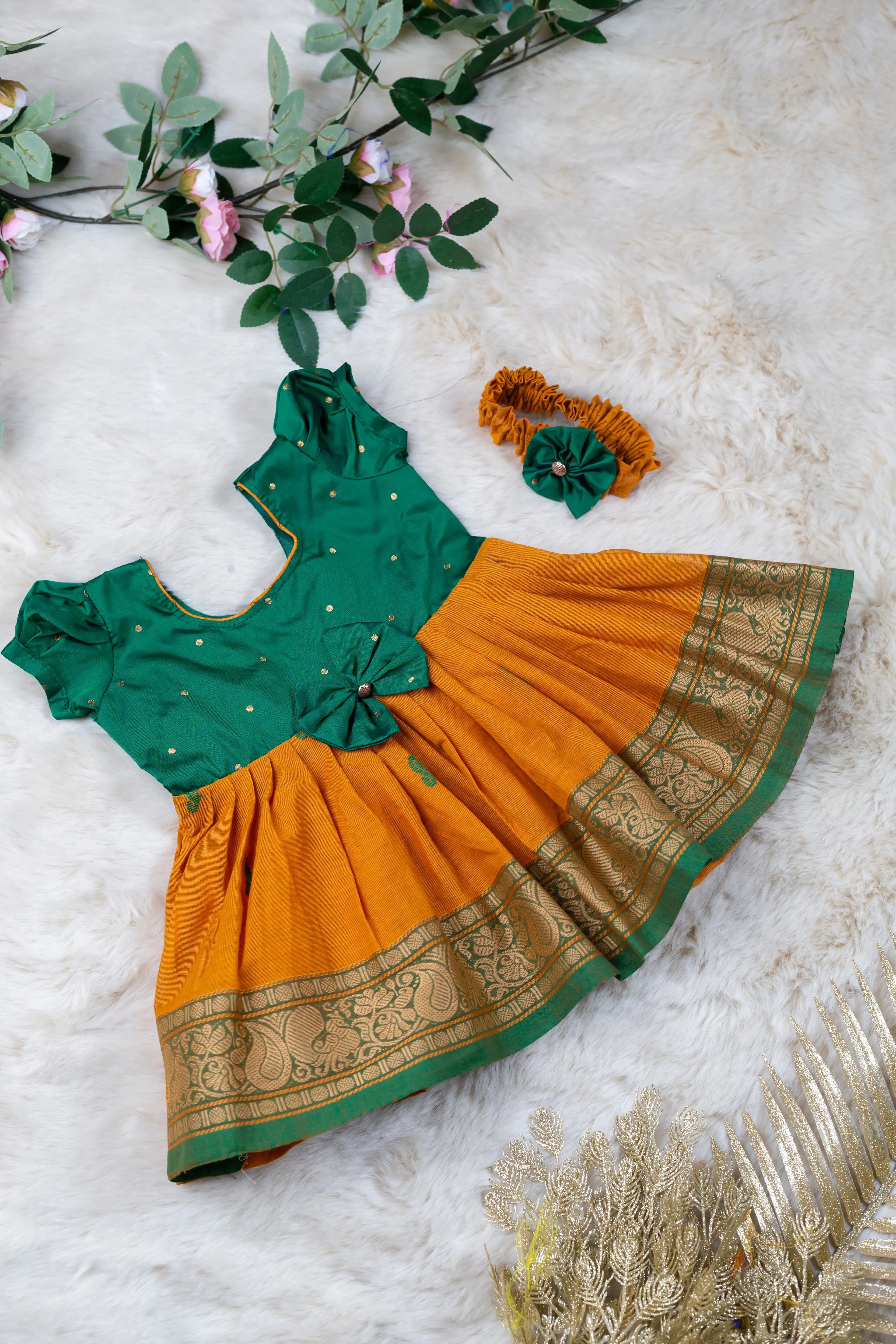 Green and turmeric yellow (Vintage Bow) - Kanchi Cotton Silk South Indian Ethnic Frock for Baby Girl