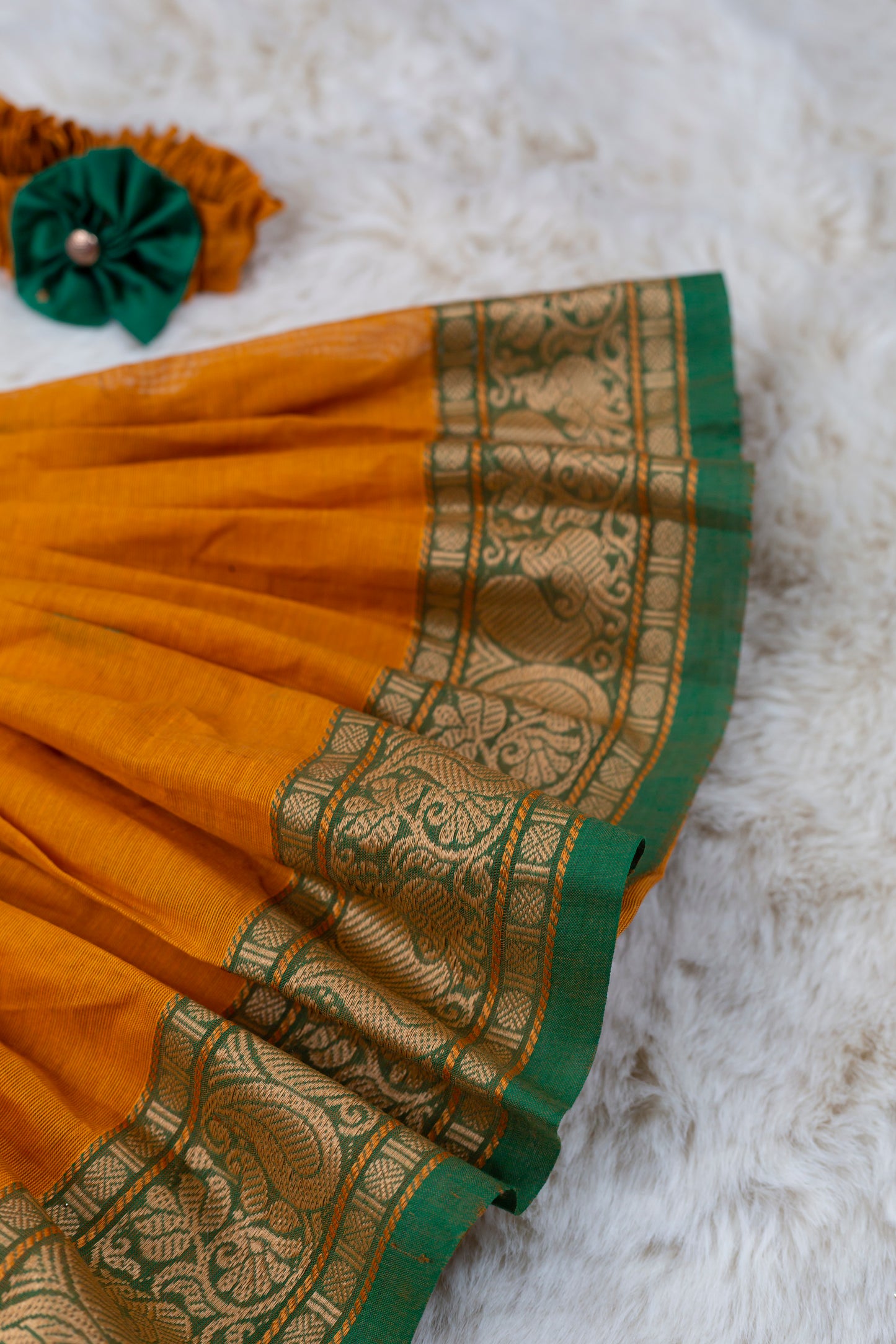 Green and turmeric yellow (Vintage Bow) - Kanchi Cotton Silk South Indian Ethnic Frock for Baby Girl