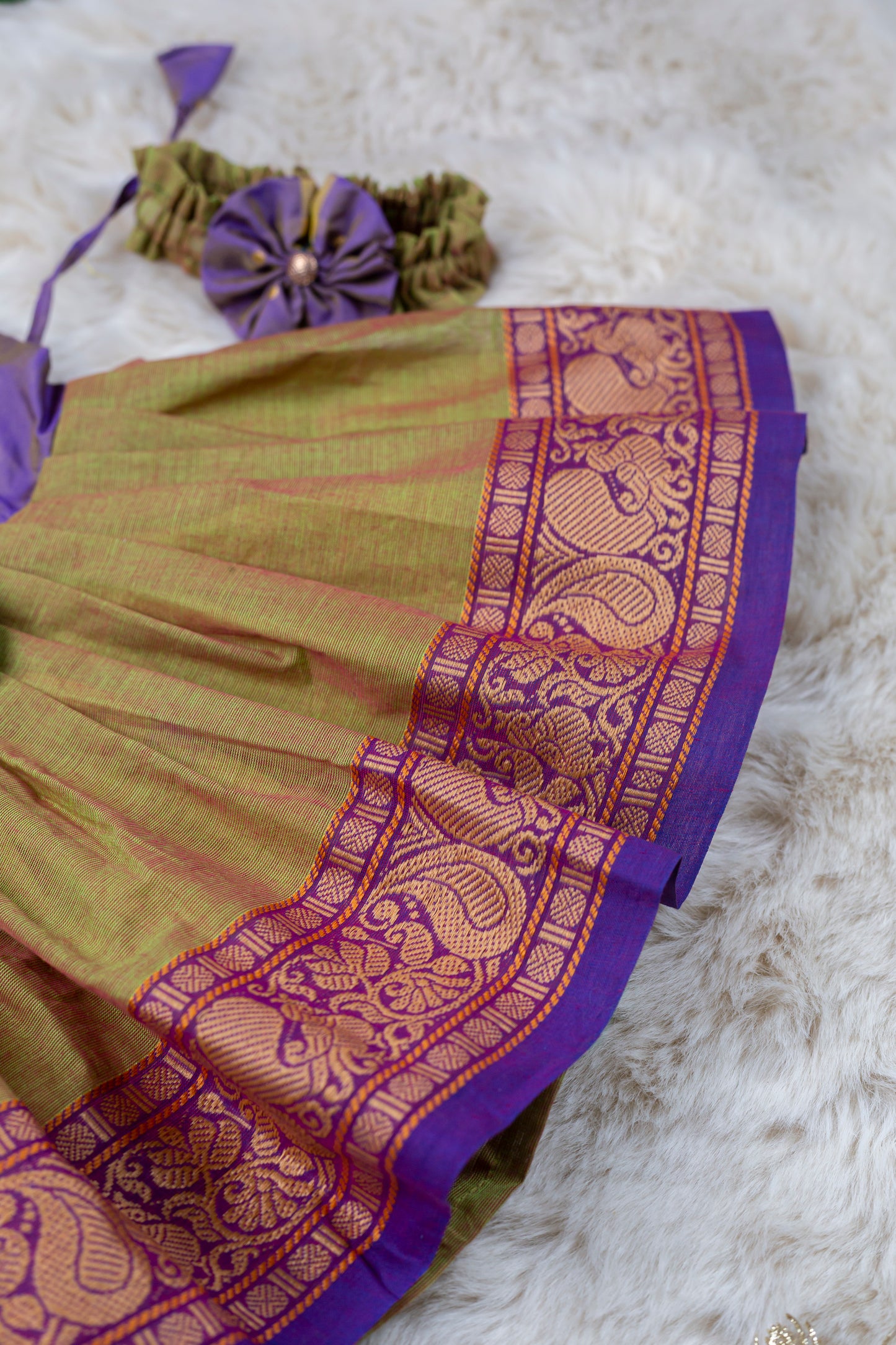 Purple with dual shade green (Vintage Bow) - Kanchi Cotton Silk South Indian Ethnic Frock for Baby Girl