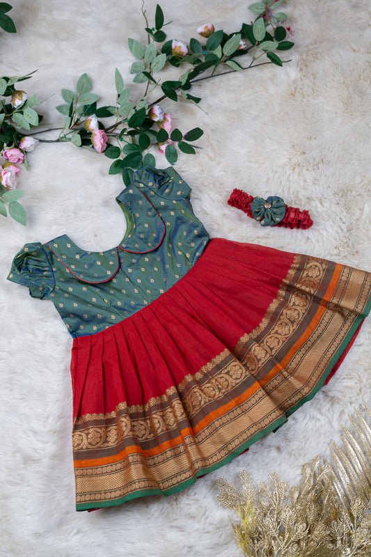 Dual shade green with red (Vintage Collar) - Kanchi Cotton Silk South Indian Ethnic Frock for Baby Girl