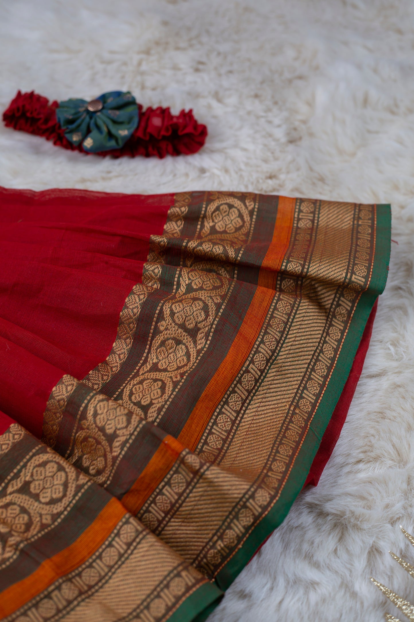 Dual shade green with red (Vintage Collar) - Kanchi Cotton Silk South Indian Ethnic Frock for Baby Girl