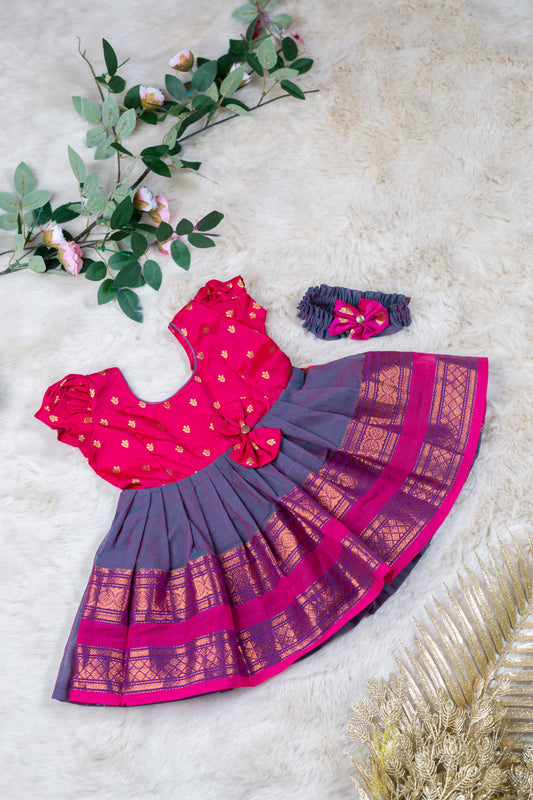 Pink Unicorn (Vintage Bow) - Kanchi Cotton Silk South Indian Ethnic Frock for Baby Girl