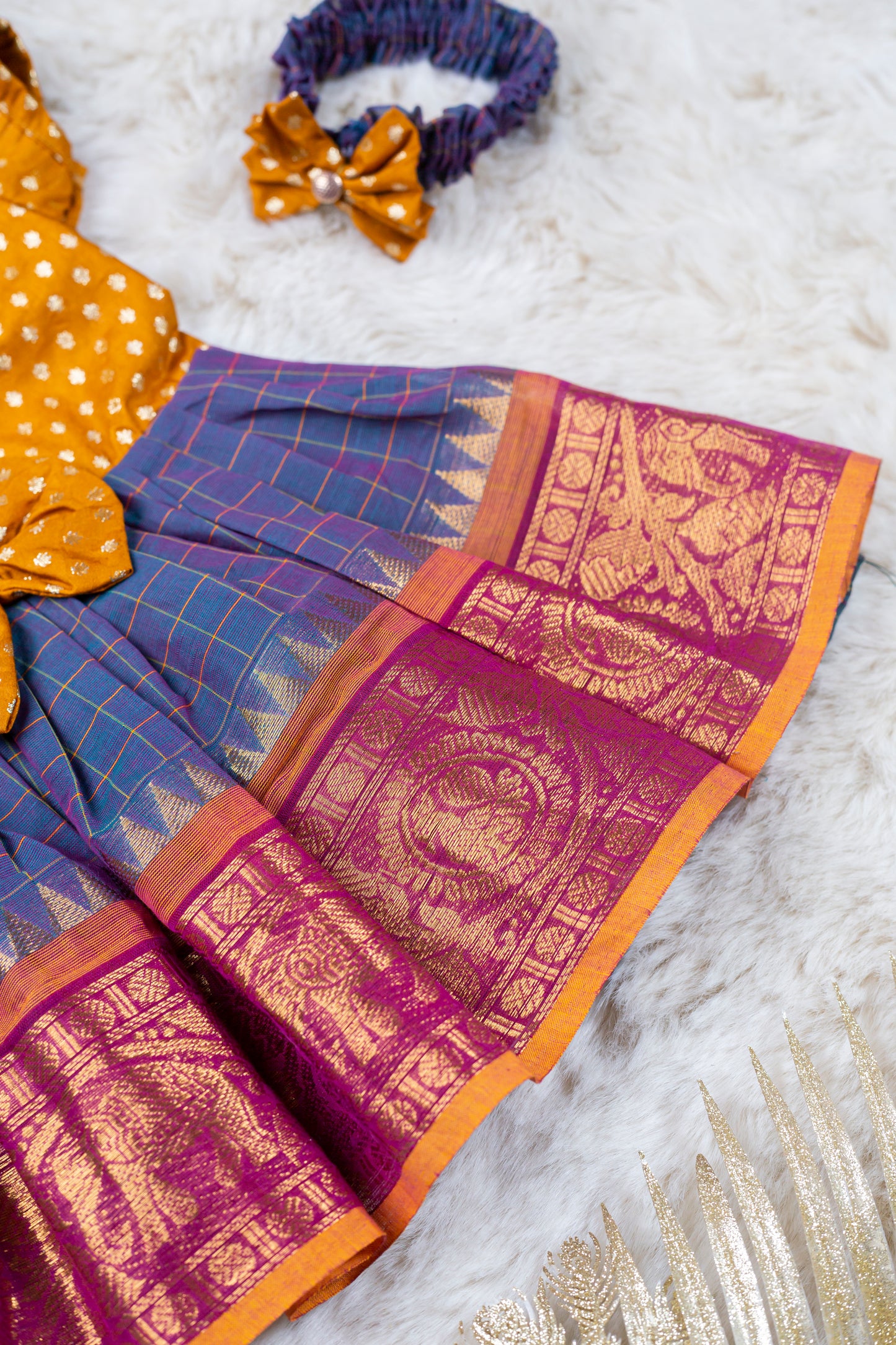 Golden Yellow Checked Blue (Vintage Bow) - Kanchi Cotton Silk South Indian Ethnic Frock for Baby Girl