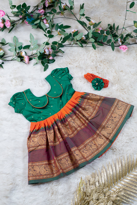 Green with divine orange (Vintage Collar) - Kanchi Cotton Silk South Indian Ethnic Frock for Baby Girl