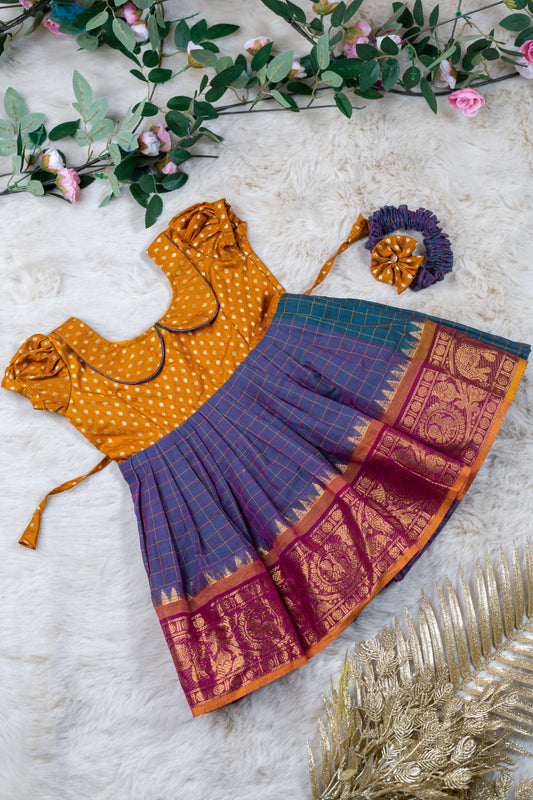 Golden Yellow with Checked Blue (Vintage Collar) - Kanchi Cotton Silk South Indian Ethnic Frock for Baby Girl