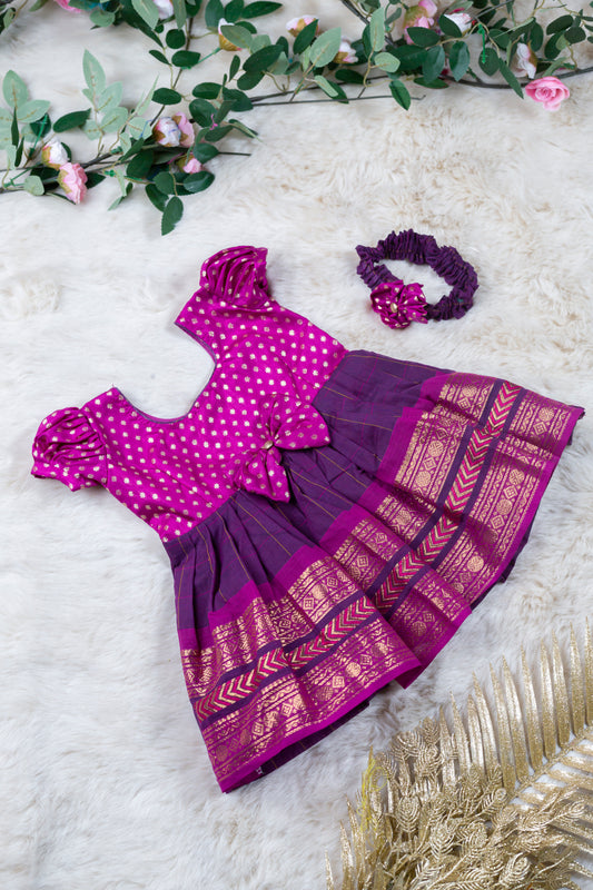 Pink and checked wine (Vintage Bow) - Kanchi Cotton Silk South Indian Ethnic Frock for Baby Girl
