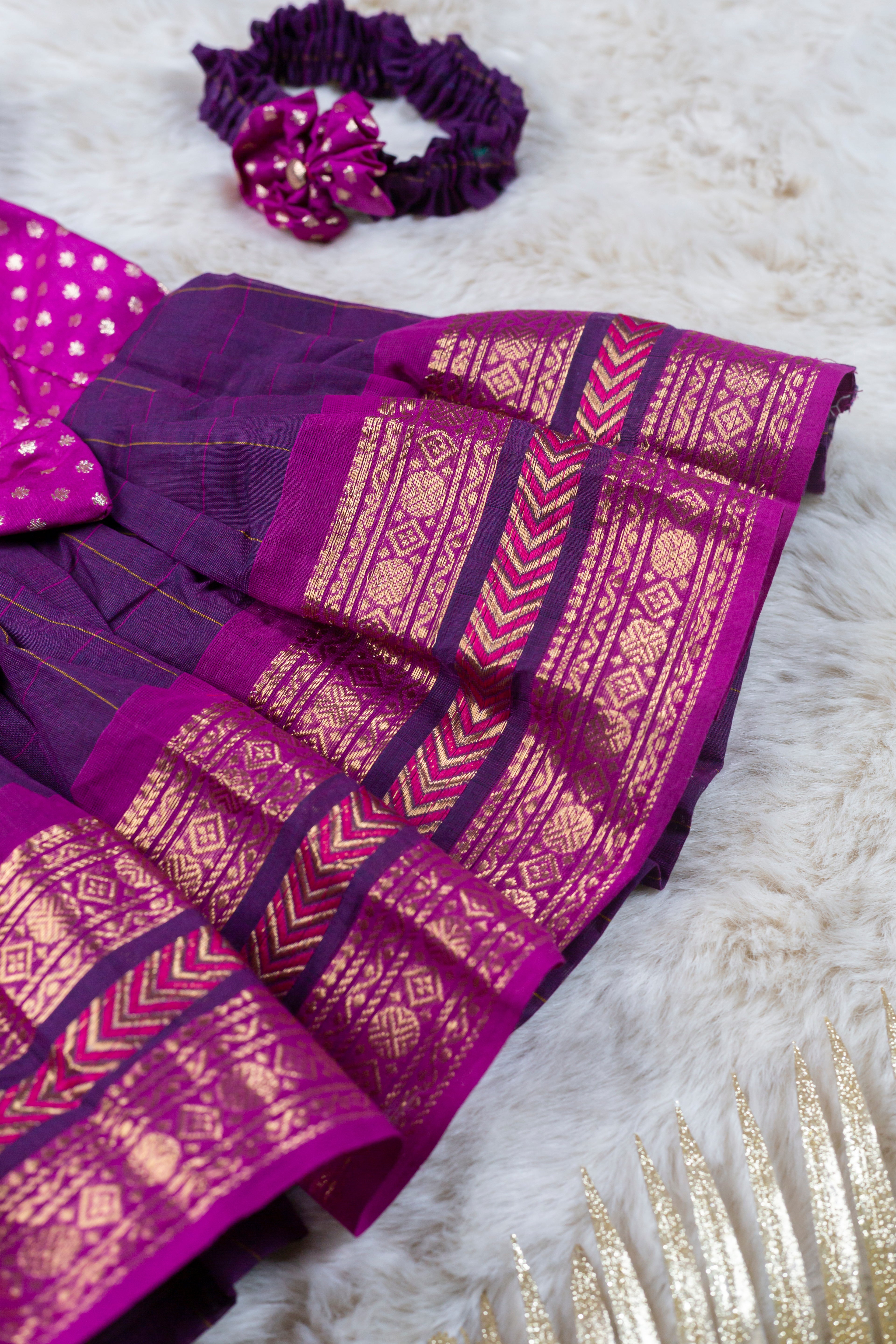 Pink and checked wine (Vintage Bow) - Kanchi Cotton Silk South Indian Ethnic Frock for Baby Girl