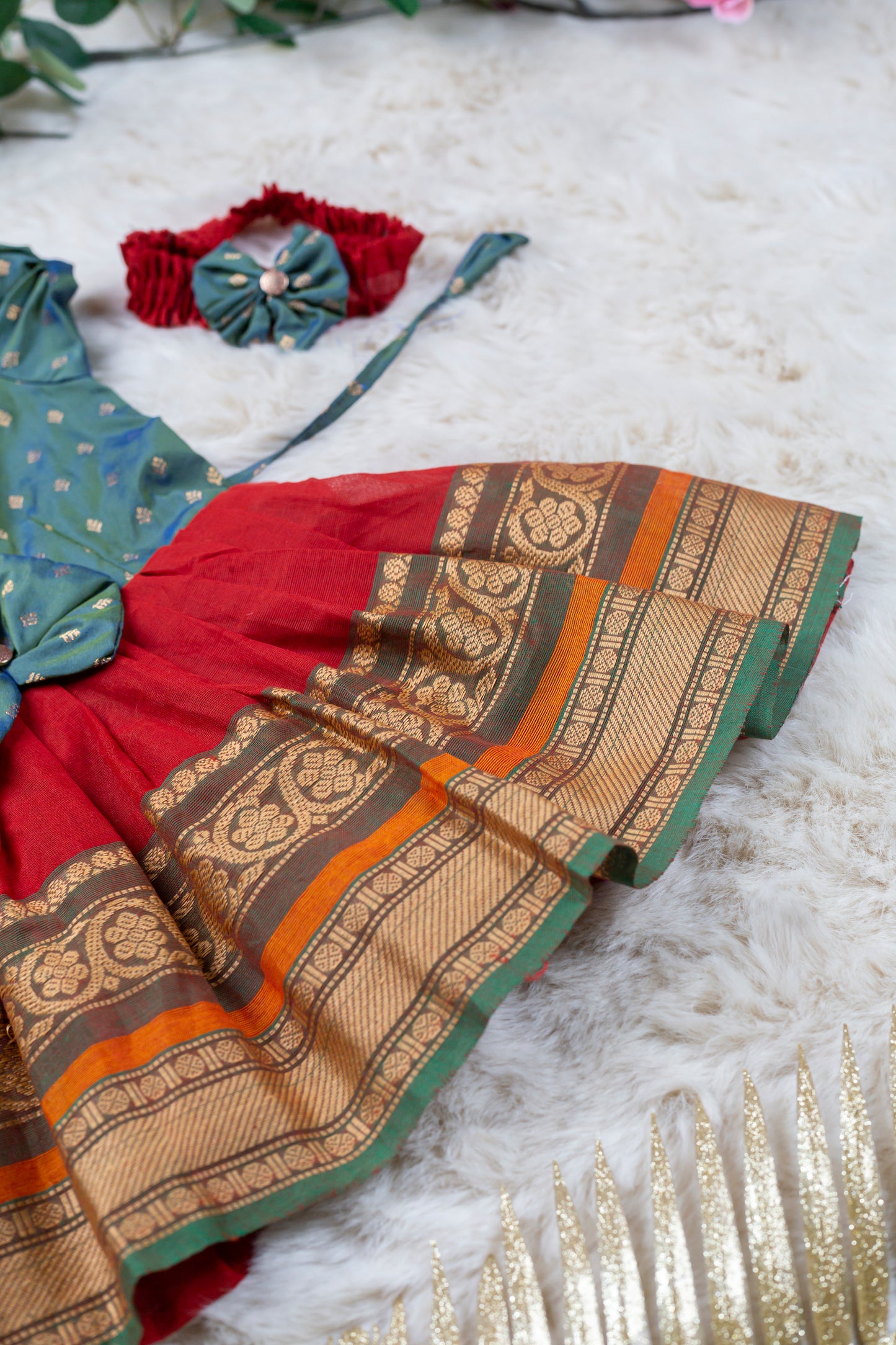 Dual Shade Green with Red (Vintage Bow) - Kanchi Cotton Silk South Indian Ethnic Frock for Baby Girl