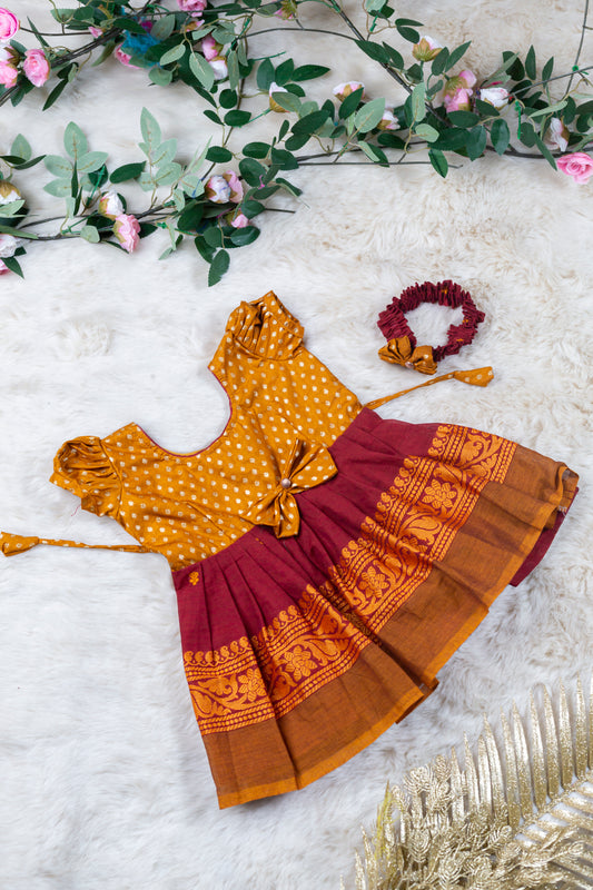 Golden Yellow with maroon (Vintage Bow) - Kanchi Cotton Silk South Indian Ethnic Frock for Baby Girl