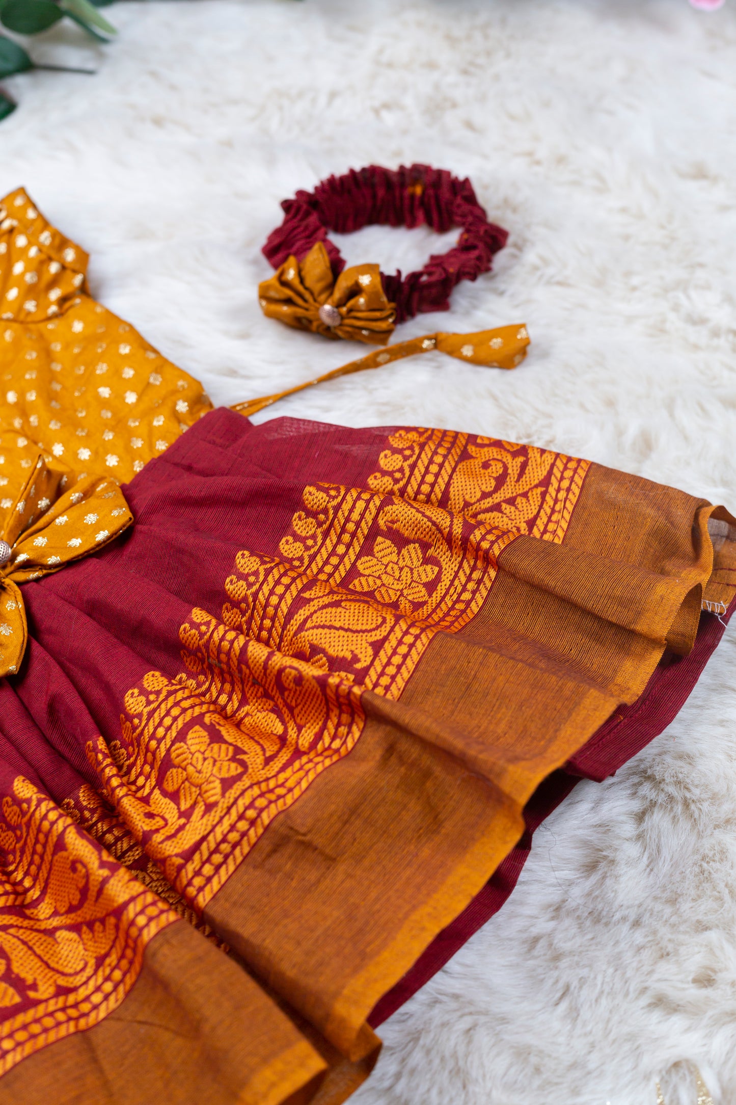 Golden Yellow with maroon (Vintage Bow) - Kanchi Cotton Silk South Indian Ethnic Frock for Baby Girl