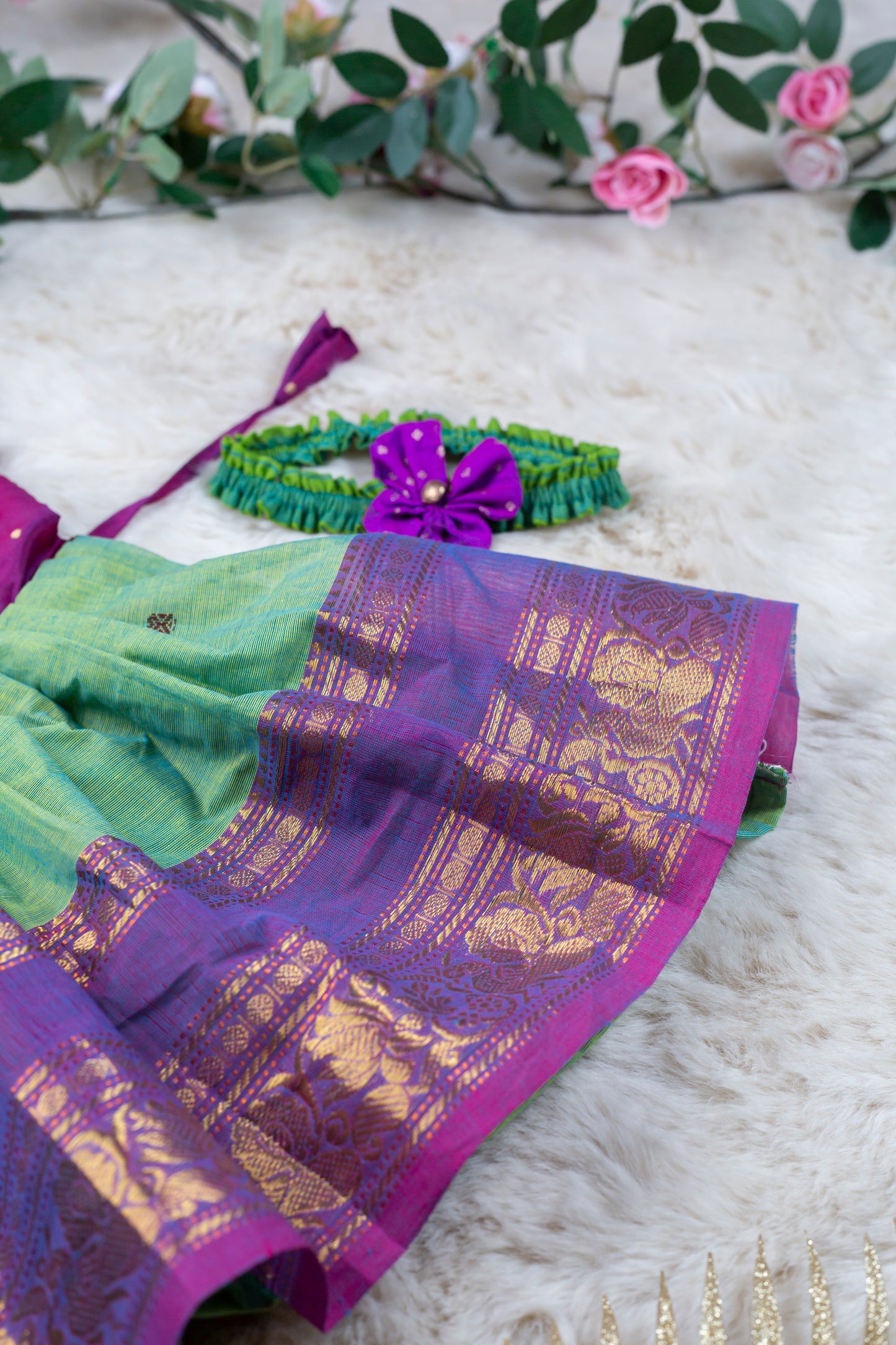 Wine with pleasant green (Vintage Collar) - Kanchi Cotton Silk South Indian Ethnic Frock for Baby Girl
