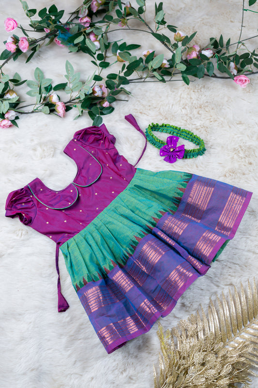 Wine with pleasant green (Vintage Collar) Temple Border - Kanchi Cotton Silk South Indian Ethnic Frock for Baby Girl